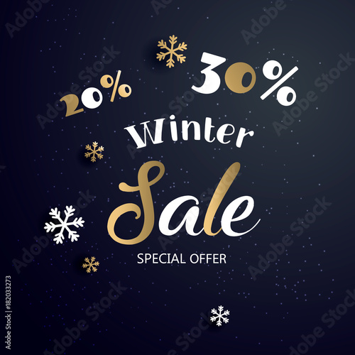 2022 Christmas sale banner with text and snowflake, vector illustration. Can be used as Christmas greeting card, poster or banner. Vector golden glittering stars, snowflakes and lettering