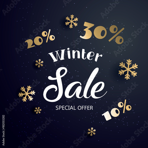 Christmas sale banner with text and snowflake, vector illustration. Can be used as Christmas greeting card, poster or banner. Vector golden glittering stars, snowflakes and lettering