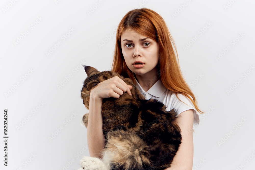 Young beautiful woman on a light background holds a cat, pets, emotions