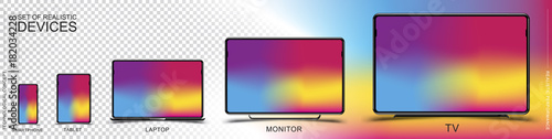 Set of realistic devices. Smartphone, tablet, laptop, monitor and TV on a transparent and colored background. Flat vector illustration EPS 10