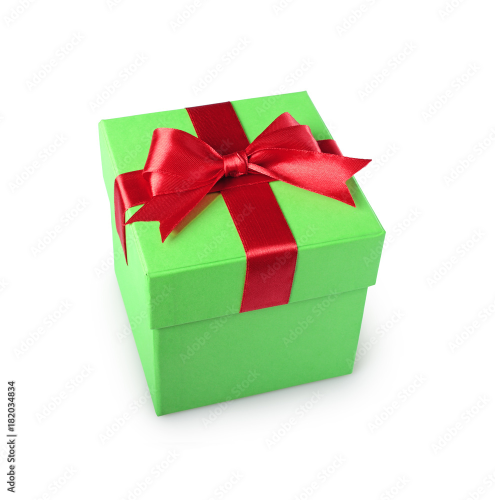 Obraz premium Classic green gift box with red satin bow