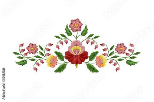 Embroidered bouquet of red with pink flowers and berries with leaves on white background