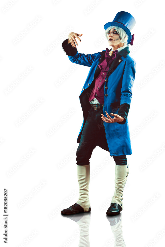 Sad circus actor in blue tuxedo. Isolated on white. Sad circus actor in blue tuxedo. Isolated on white.