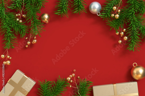 abstract christmas red scene blank space christmas holiday concept gold ball green leaf frame 3d rendering