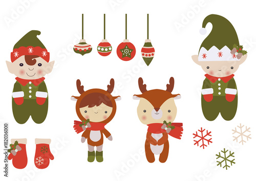 A set of Christmas characters and decorations. Christmas toys, elves, deer, snowflakes. New Year. Vector  illustration can be used for the sticker or celebration postcard