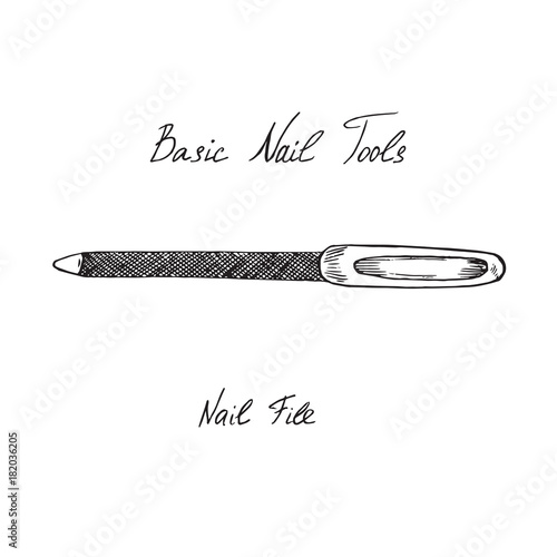 Basic nail tools, nail file, hand drawn doodle sketch with inscription, isolated vector illustration