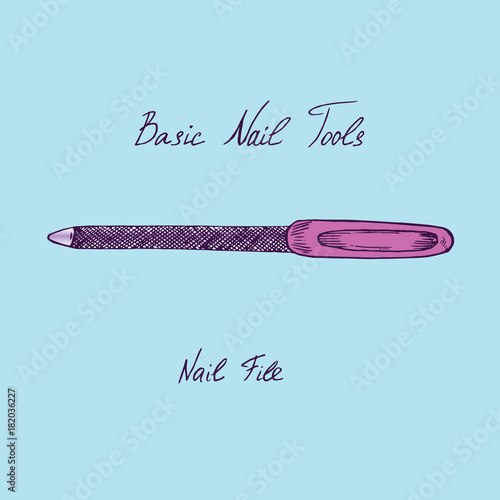 Basic nail tools, pink nail file, hand drawn doodle sketch with inscription, isolated vector illustration