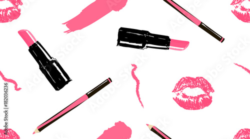 Professional makeup artist background. Vector seamless pattern with lipstick smear and brush, makeup pencils, lipstick, pink lips mouth. Hand drawn fashion art illustration in fashion trendy style.