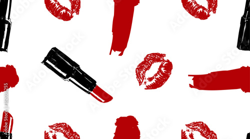Professional makeup artist background. Vector seamless pattern with lipstick smear and brush, makeup lipstick stroke, lipstick, red lips mouth. Hand drawn fashion art illustration in fashion style.
