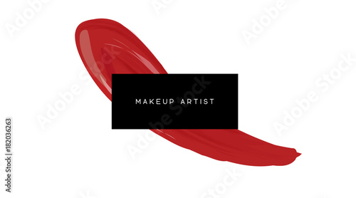 Makeup artist logo design template. Vector logotype layout. Elegant vector template Business card with red smear of lipstick liquid texture.