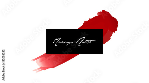 Makeup artist business card. Vector template makeup stroke and Smear Red lipstick. Hand drawn graphic color glossy lips. Makeup artist logo design template. Vector logotype layout.