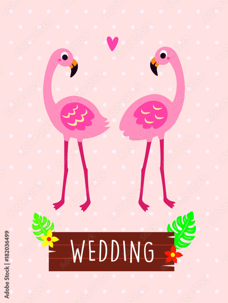 pink flamingo wedding greeting card vector