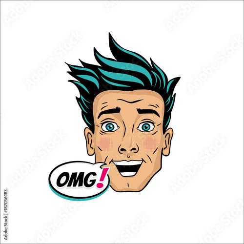 BWow pop art male face. Young sexy surprised man head with wide open mouth and eyes and Omg! speech bubble. Vector bright cartoon object in pop art retro comic style isolated on white background.