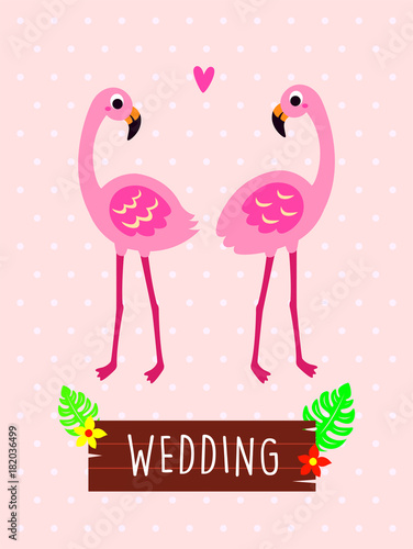 pink flamingo wedding greeting card vector