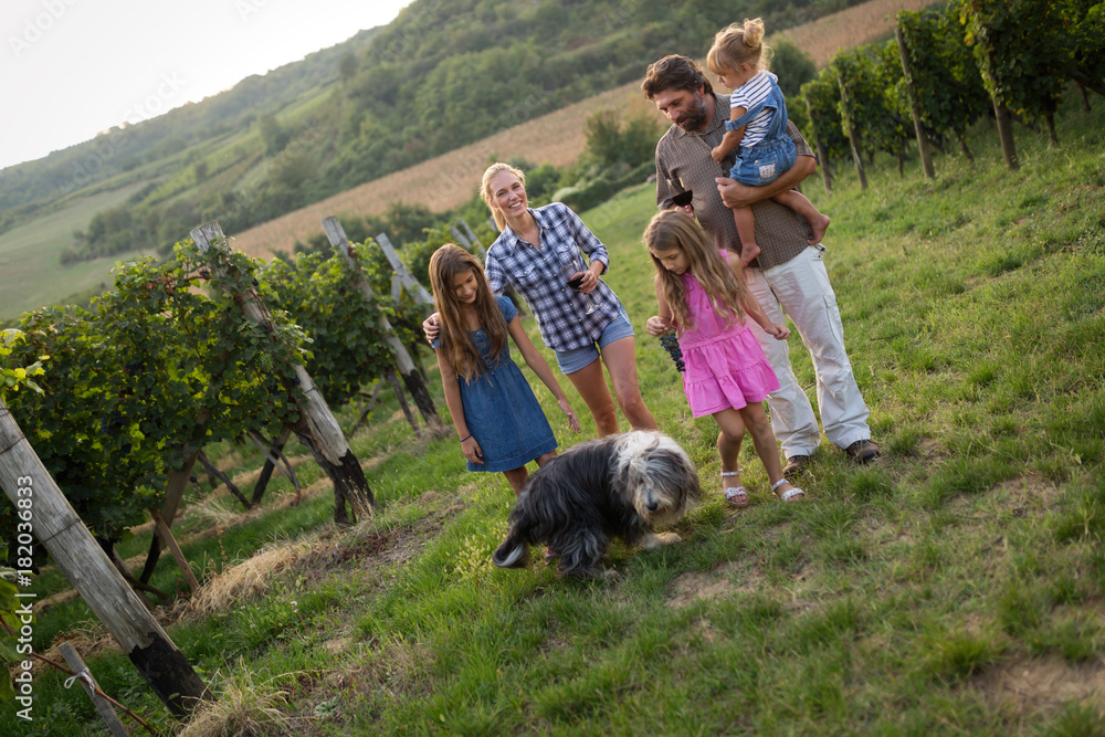 Fototapeta premium Happy family enjoys walk in vineyard