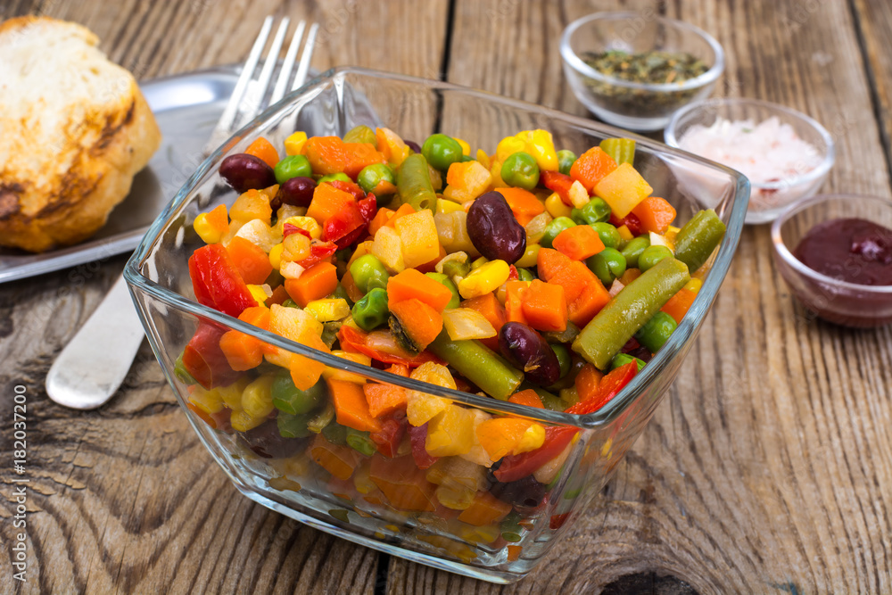 Vegetable dish with red beans in glass bowl Vegetable dish with red beans in glass bowl