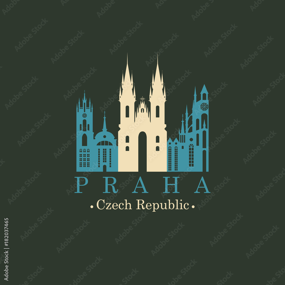 Travel vector banner or logo. The famous Church of Our Lady before Tyn in Prague, Czech Republic. Czech architectural landmark