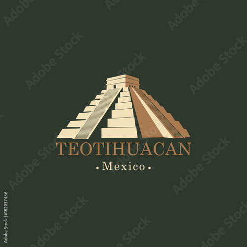 Vector travel banner or logo. The teotihuacan pyramids in Mexico, North America. Ancient stepped pyramids with temples on top. Mesoamerican architectural landmark photo