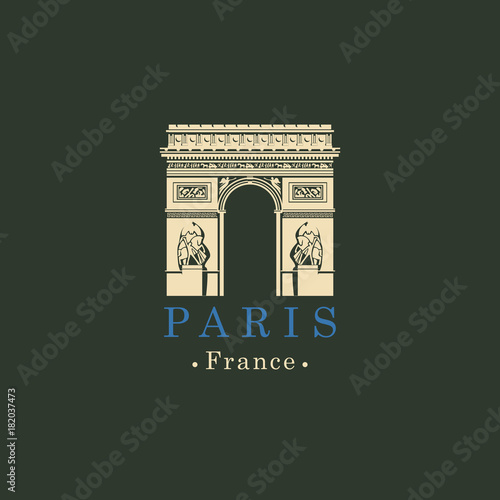 Travel vector illustration, banner or logo. The famous Triumphal Arch in Paris, France. French architectural landmark