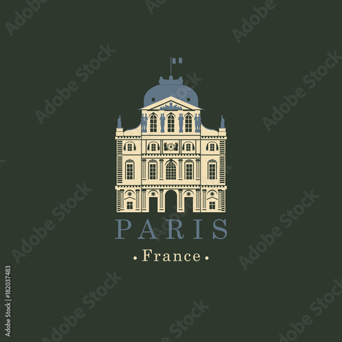 Travel vector illustration, banner or logo. The famous great national Museum Louvre in Paris, France. French national artistic landmark