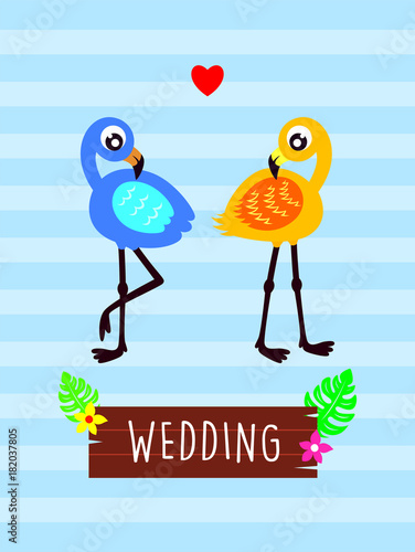 pink flamingo wedding greeting card vector