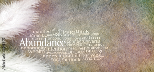 Angelic Abundance Word Cloud - two white feathers and an ABUNDANCE word cloud against a rustic subtle colored stone effect  background with copy space
