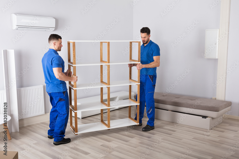 Two Men Holding Shelf In Living Room