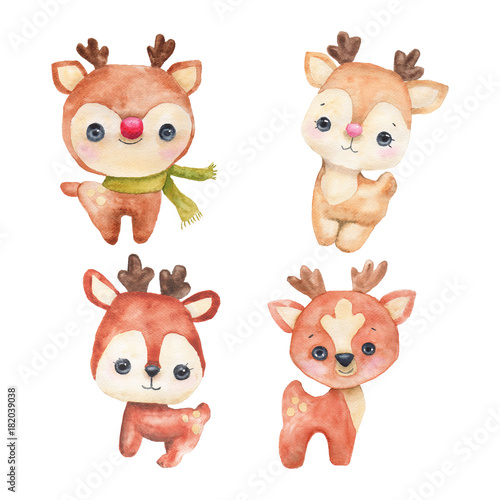 New Year s set of cute deers. Christmas reindeer. Watercolor hand painting Illustration isolated on white background. Can be used for celebration postcards.