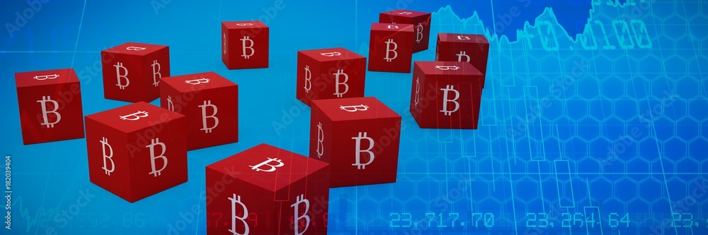 Composite image of several red cube with bitcoin sign on each Composite image of several red cube with bitcoin sign on each