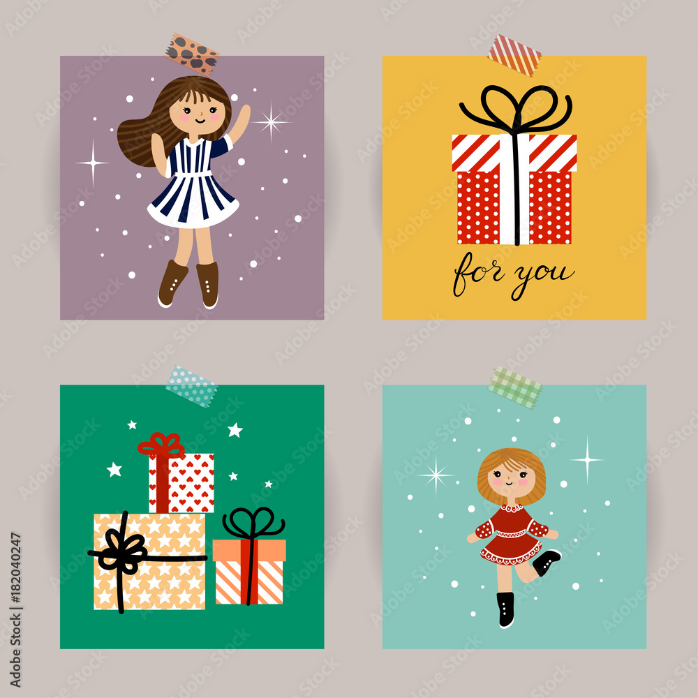 Set of Christmas cards. Vector illustrations of Christmas attributes. Illustration for kids poster, postcard, cover.