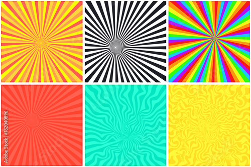 Abstract bright color retro striped backgrounds set for retro comic bubble. Rainbow, monochrome, psychedelic, sunny retro strip mockup for comics book text, speech bubble, message