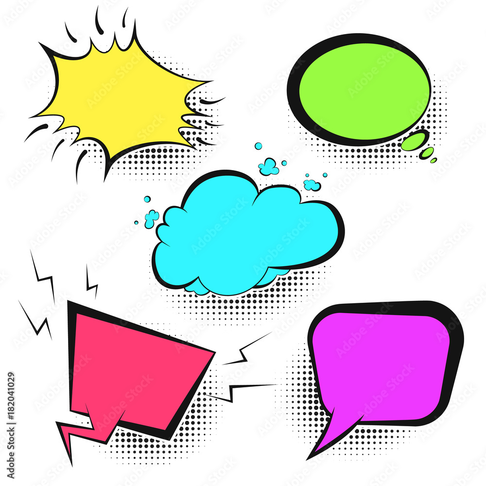 Bright colors vector retro comic speech bubbles with black halftone and ...