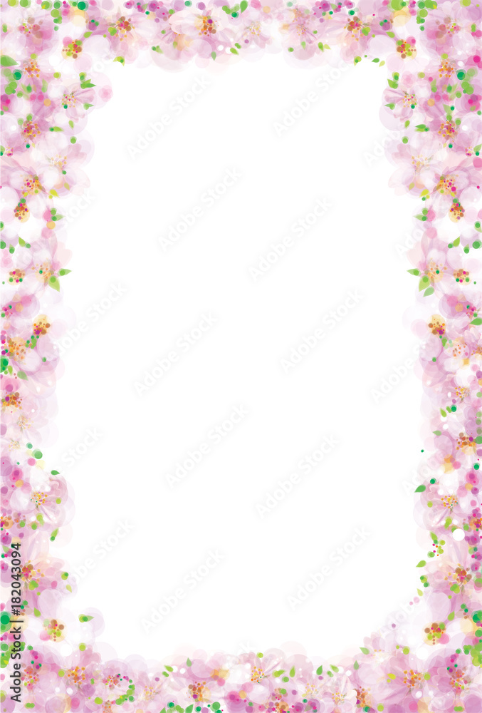 Vector pink, floral frame isolated, bokeh effect.