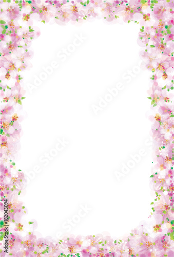 Vector pink, floral frame isolated, bokeh effect.