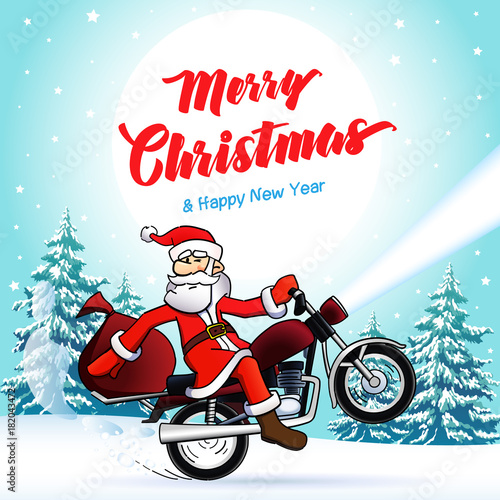 Santa biker Merry Christmas and Happy New Year greeting card. Merry Xmas text, vector Santa Claus on motorcycle, stars and moon night background. Abstract isolated graphic design template