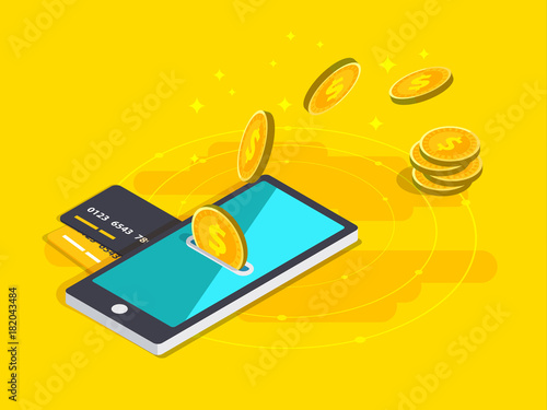 Money transfer via cellphone in isometric vector design. Digital payment or online cashback service. Mobile banking transaction cocnept. Withdraw money with smartphone.