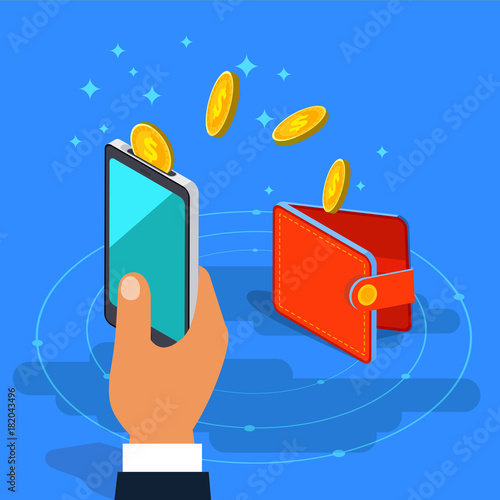 Money transfer from wallet into cellphone in isometric vector design. Digital payment or online cashback service. Mobile banking transaction cocnept. Withdraw money with smartphone.