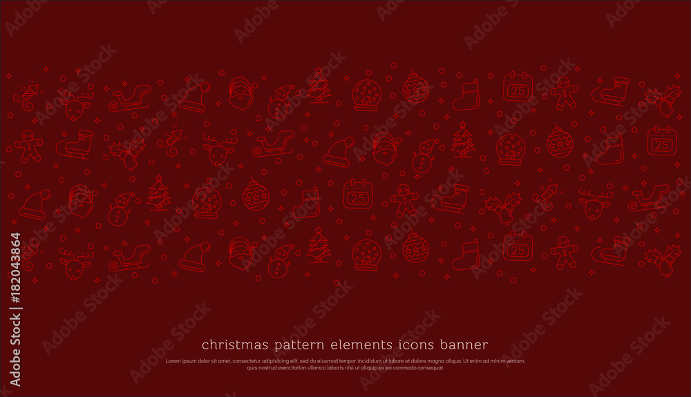 Merry christmas pattern elements icons banner set. Christmas illustration design for card, poster, banner on red background. editable stroke