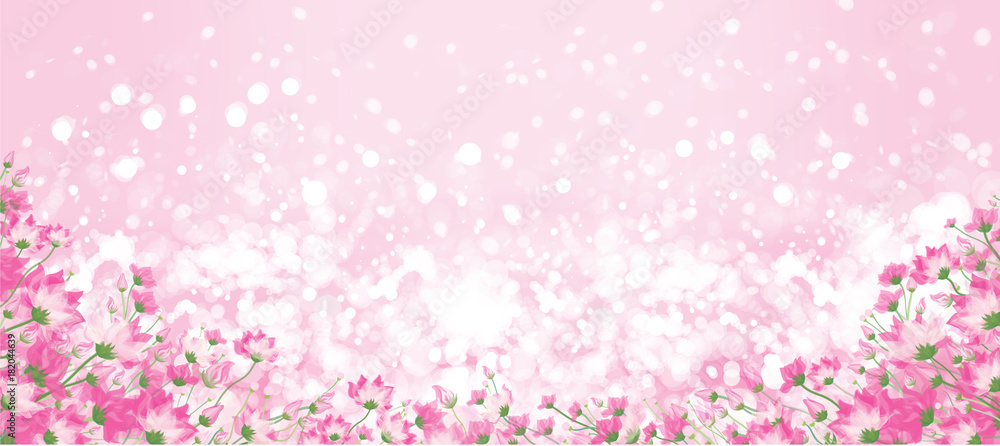 Vector pink floral border on pink bokeh background.