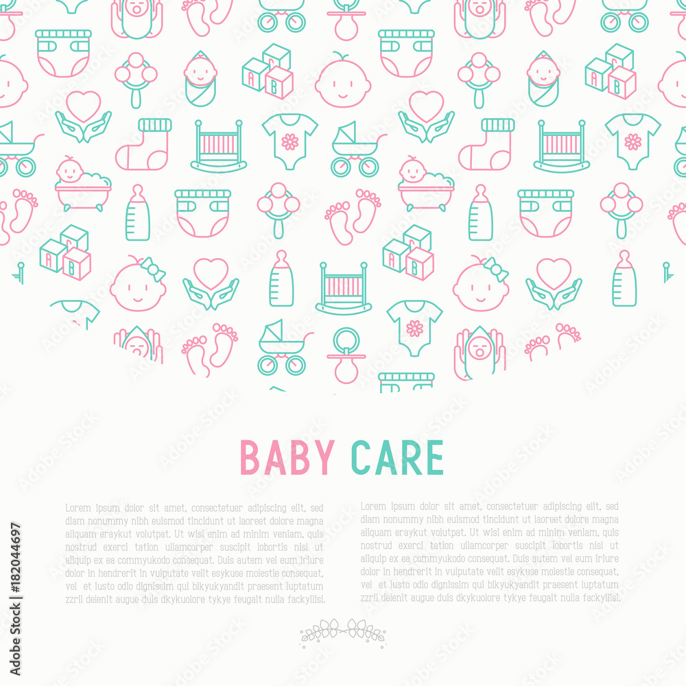 Baby care concept with thin line icons: newborn, diaper, pacifier, crib, footprints, bathtub with bubbles. Vector illustration for banner, web page, print media.