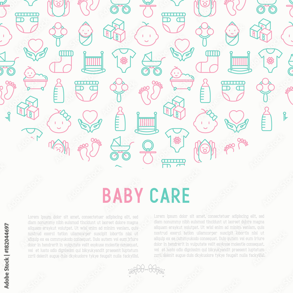 Baby care concept with thin line icons: newborn, diaper, pacifier, crib, footprints, bathtub with bubbles. Vector illustration for banner, web page, print media. Baby care concept with thin line icons: newborn, diaper, pacifier, crib, footprints, bathtub with bubbles. Vector illustration for banner, web page, print media.