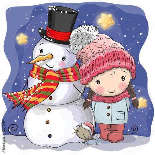 Snowman and Cute Cartoon girl