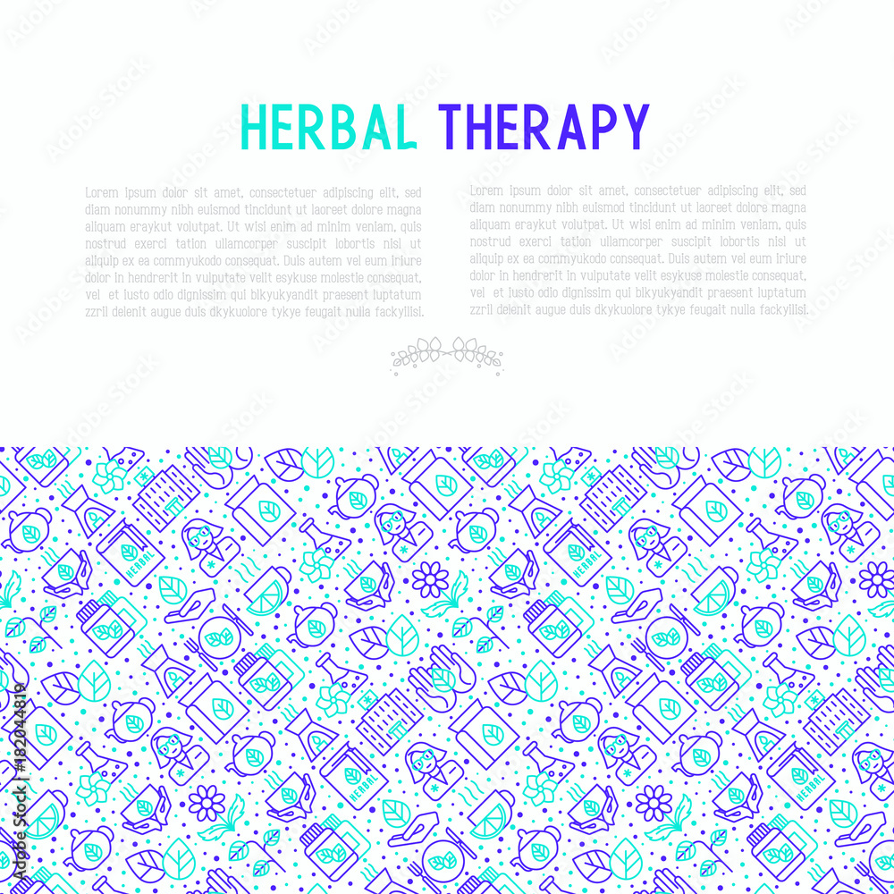 Herbal therapy concept with thin line icons: herbalist, decoction, aromatic oil, oil burner, tea. Vector illustration for banner, web page, print media.