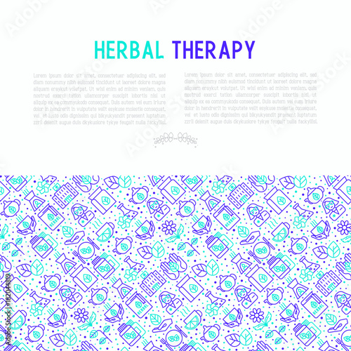 Herbal therapy concept with thin line icons: herbalist, decoction, aromatic oil, oil burner, tea. Vector illustration for banner, web page, print media.