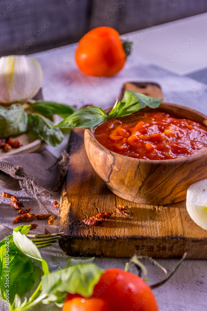 Sauce arrabiata made with tomato, onion and chili pepper spicy. Sauce arrabiata made with tomato, onion and chili pepper spicy.