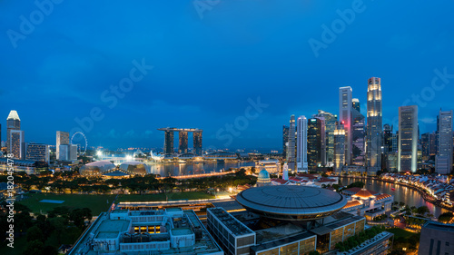 Panorama of Singapore business district skyline and Singapore skyscraper in night at Marina Bay, Singapore. Asia