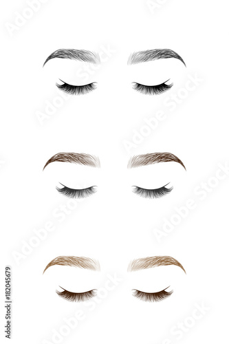 Set of closed eye with long eyelashes and eyebrows. Vector illustration.