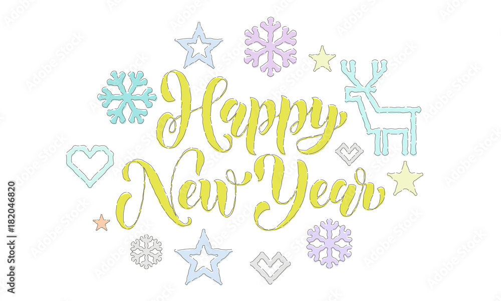 Happy New Year embroidery font and knitted decorations for holiday greeting card design. Vector Christmas calligraphy text, deer or snowflake and star decoration knitting on white Xmas background Happy New Year embroidery font and knitted decorations for holiday greeting card design. Vector Christmas calligraphy text, deer or snowflake and star decoration knitting on white Xmas background