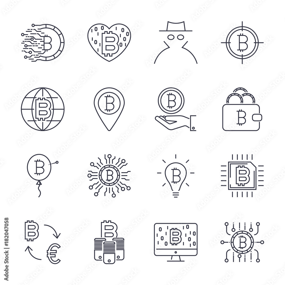 Set of vector bitcoin line icons. Investments, payments and exchange, internet banking, wallet, bundle of money, hand with a coin and more. Editable Stroke.