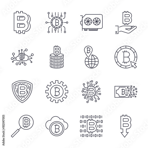 Set of vector bitcoin line icons. Investments, payments and exchange, internet banking, wallet, bundle of money, hand with a coin and more. Editable Stroke.